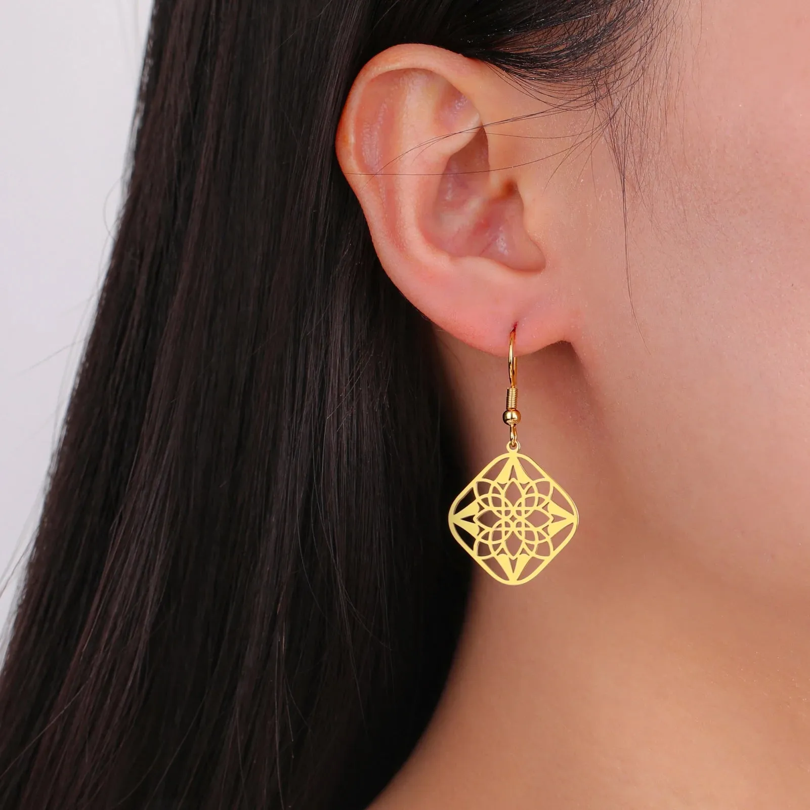 Skyrim Filigree Flower Square Pendant Drop Earrings Women