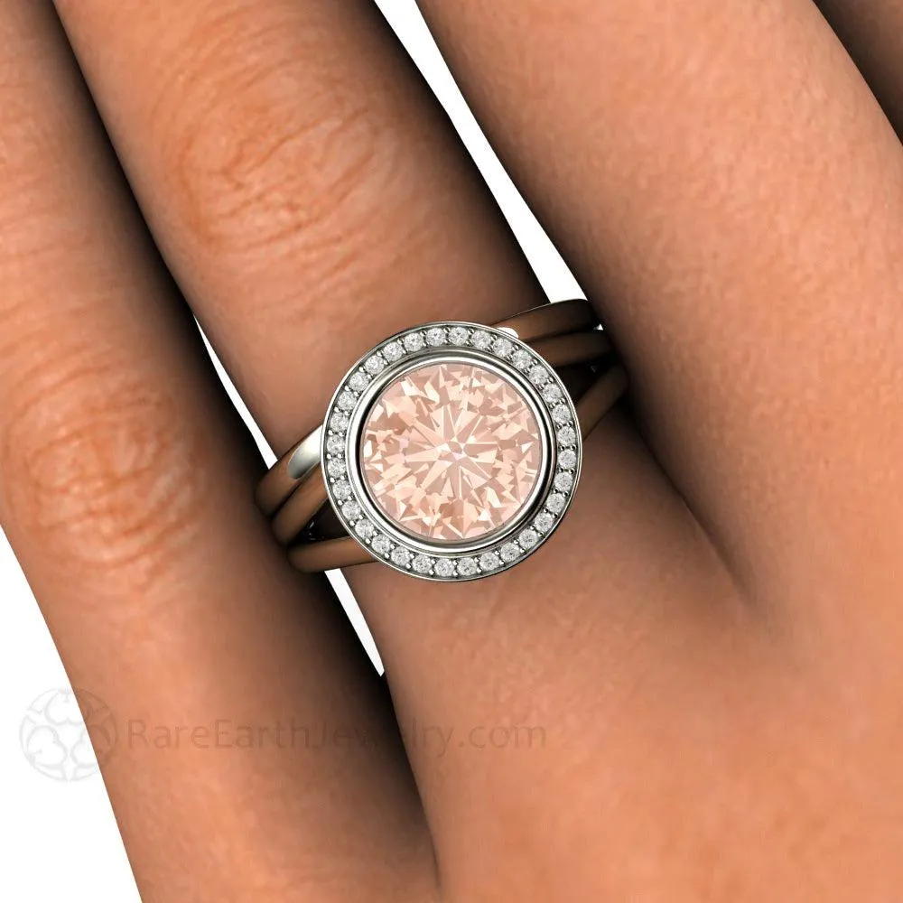 Split Shank Morganite Ring Bridal Set Bezel Style with Diamond Halo
