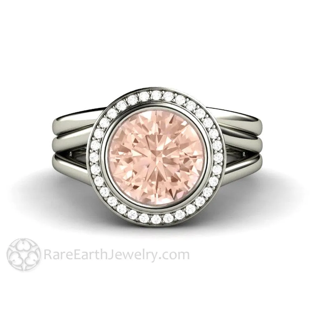 Split Shank Morganite Ring Bridal Set Bezel Style with Diamond Halo