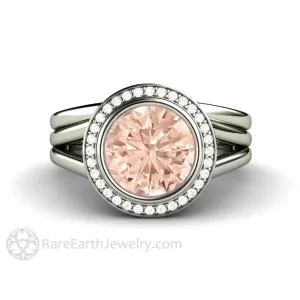 Split Shank Morganite Ring Bridal Set Bezel Style with Diamond Halo