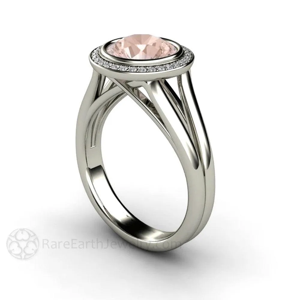 Split Shank Morganite Ring Bridal Set Bezel Style with Diamond Halo