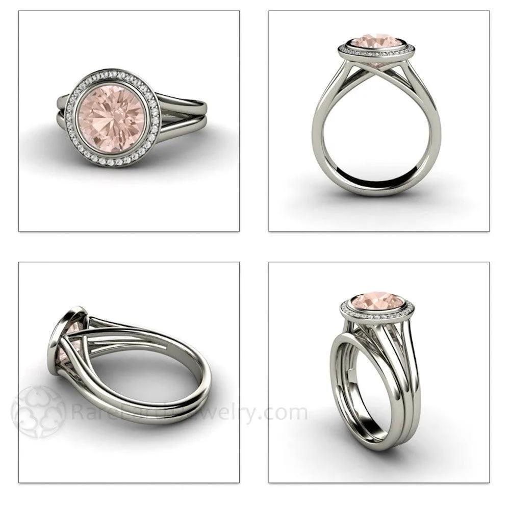 Split Shank Morganite Ring Bridal Set Bezel Style with Diamond Halo
