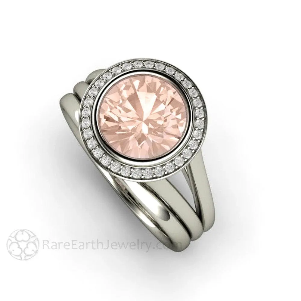 Split Shank Morganite Ring Bridal Set Bezel Style with Diamond Halo