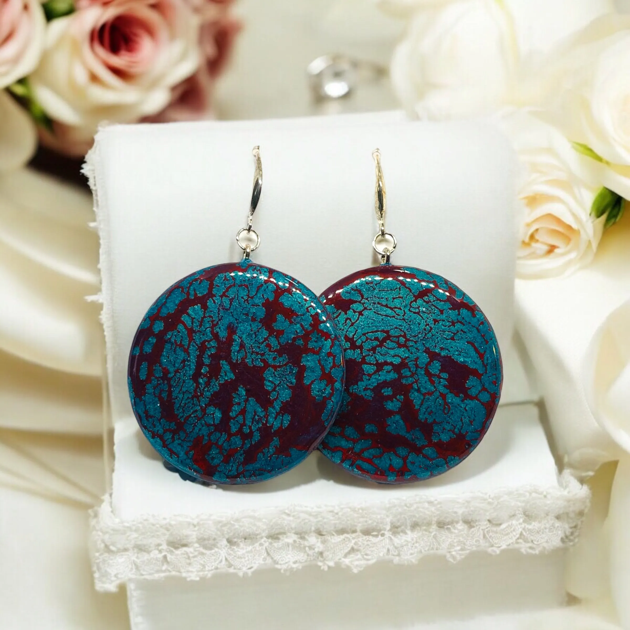 Statement Crackle Resin Earrings - Teal & Ruby Red