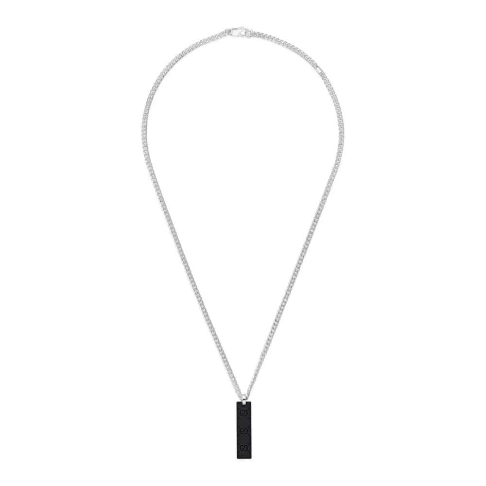 Sterling Silver and Black Rubber GG Tag Necklace