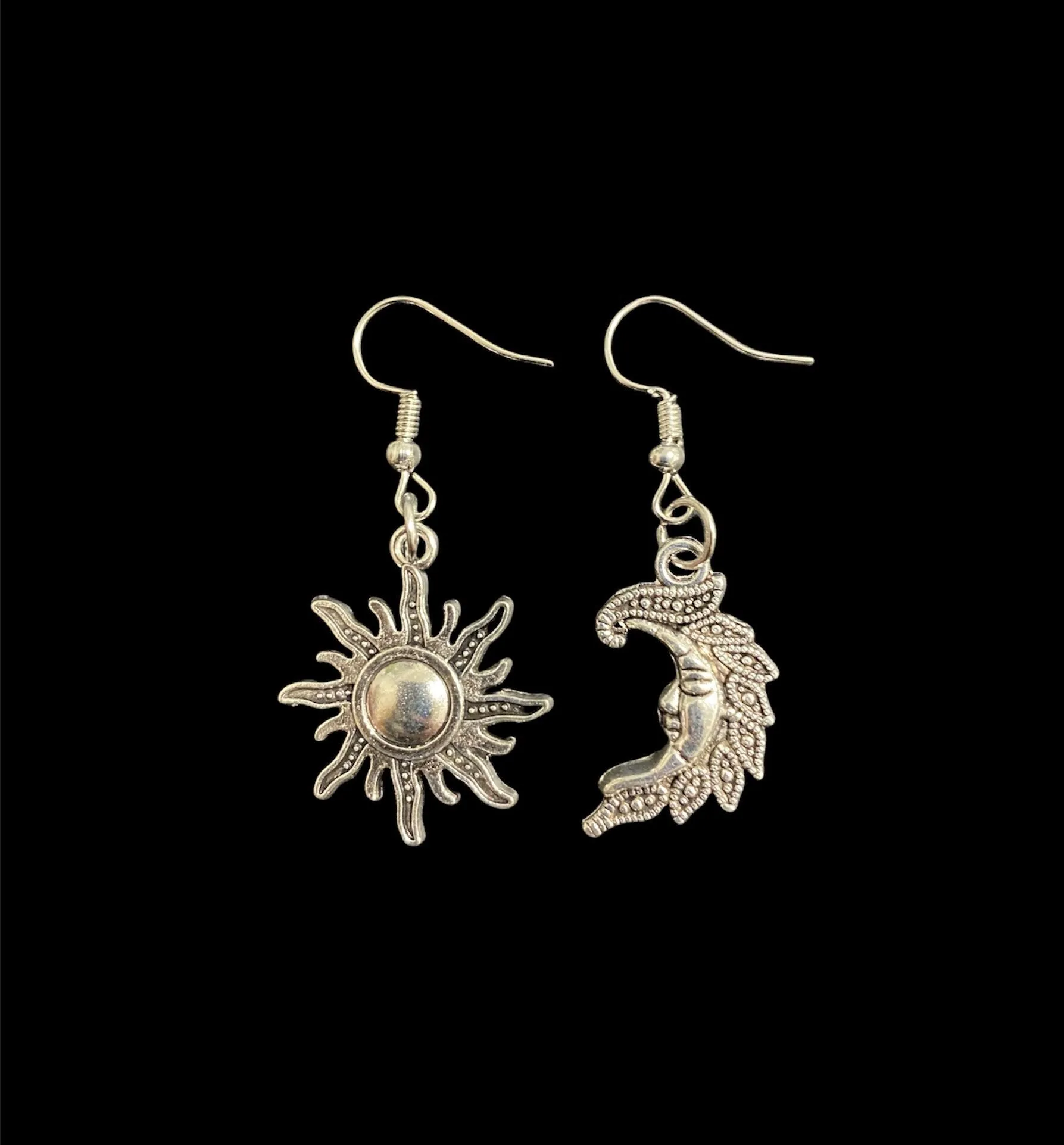 Sun and Moon Earrings | Crescent Moon | Mismatched | Dangling | Silver | Bohemian | Boho | Jewelry | Gift