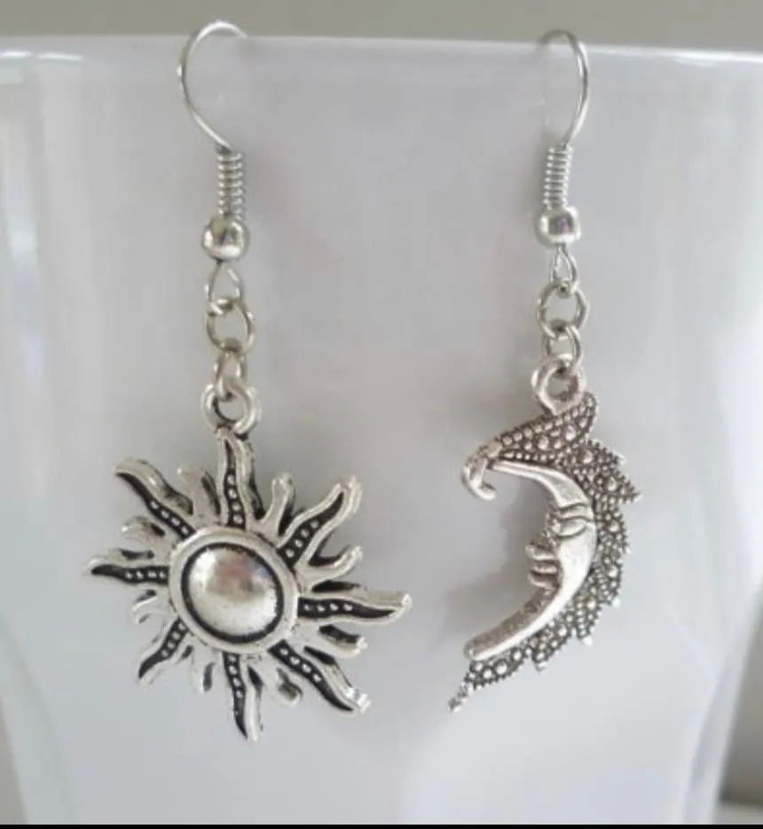 Sun and Moon Earrings | Crescent Moon | Mismatched | Dangling | Silver | Bohemian | Boho | Jewelry | Gift