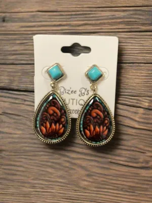 Sunflower Tooled Leather & Stone Earrings