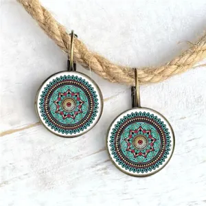 Teal Mandala Boho Glass Earrings