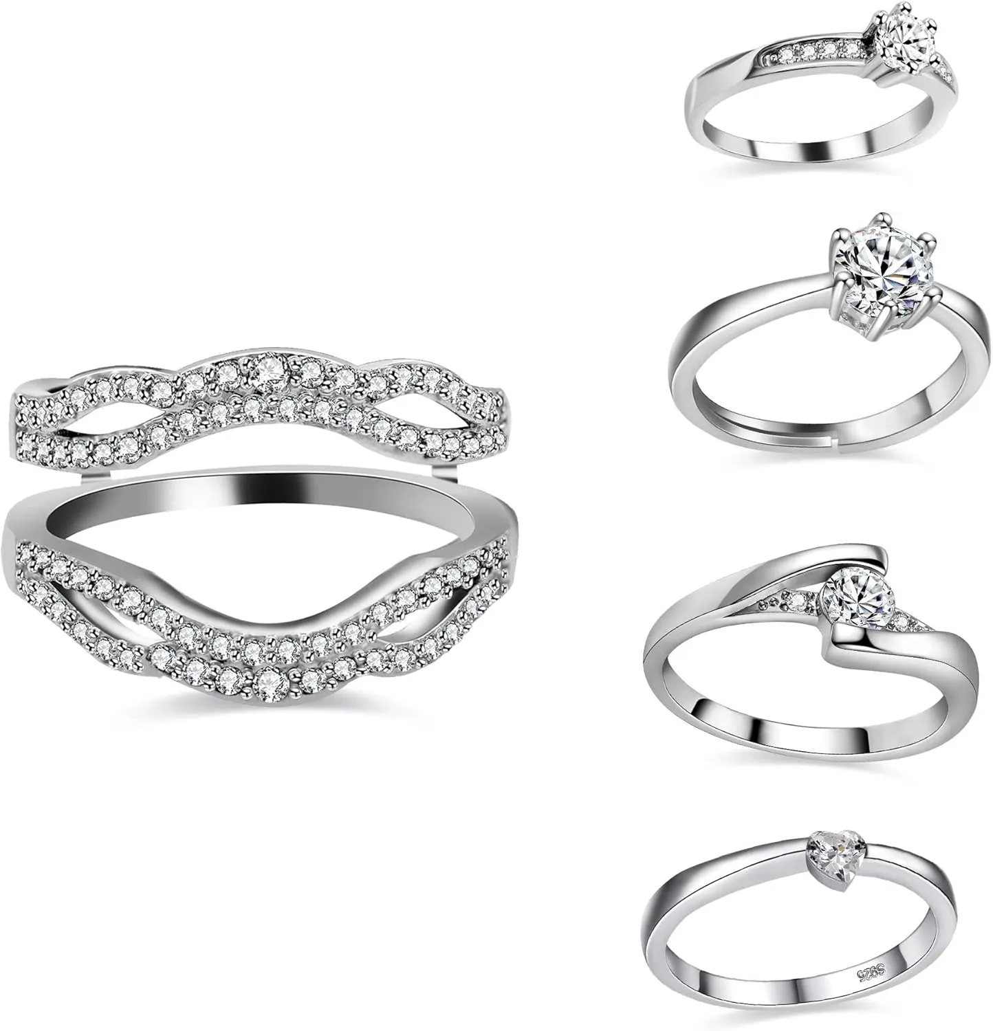 Uloveido 5 Pieces Rings Enhancer Set White Gold Plated Wedding Engagement Rings Set for Women with CZ Created Diamond Y450