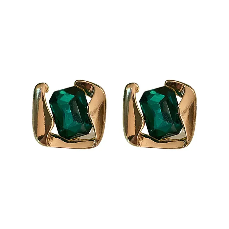 VAIGE Elegant Asymmetric Green Glass Geometric Rectangle Stud Earrings