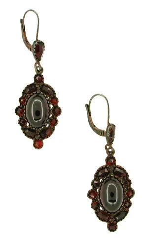 Victorian Bohemian Garnet Cabochon Garland Drop Earrings in Antiqued Sterling Silver