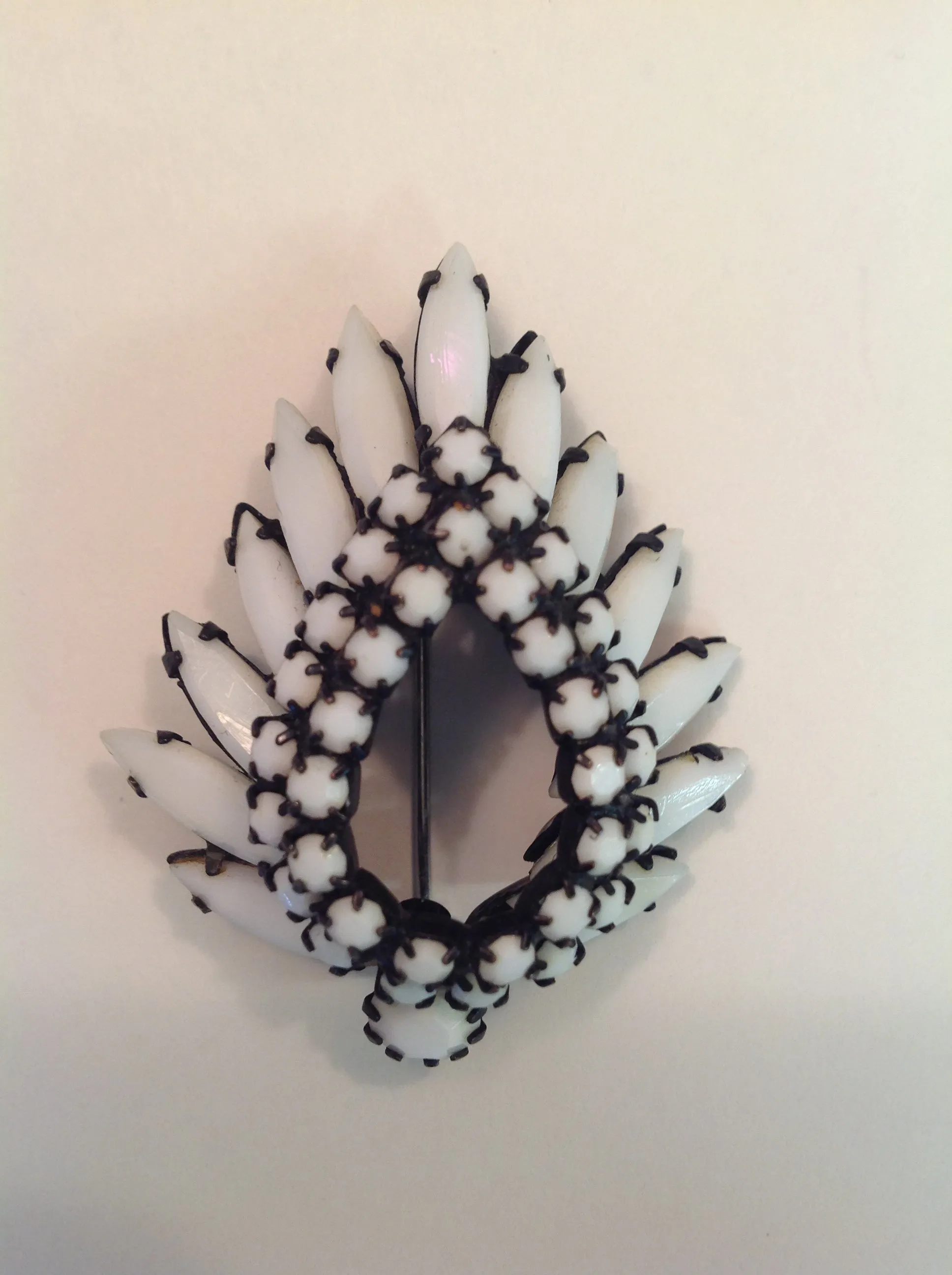 Vintage 3-Piece Set Clip On Earrings Brooch Pin White Seed Black Wrought Iron Lookalike