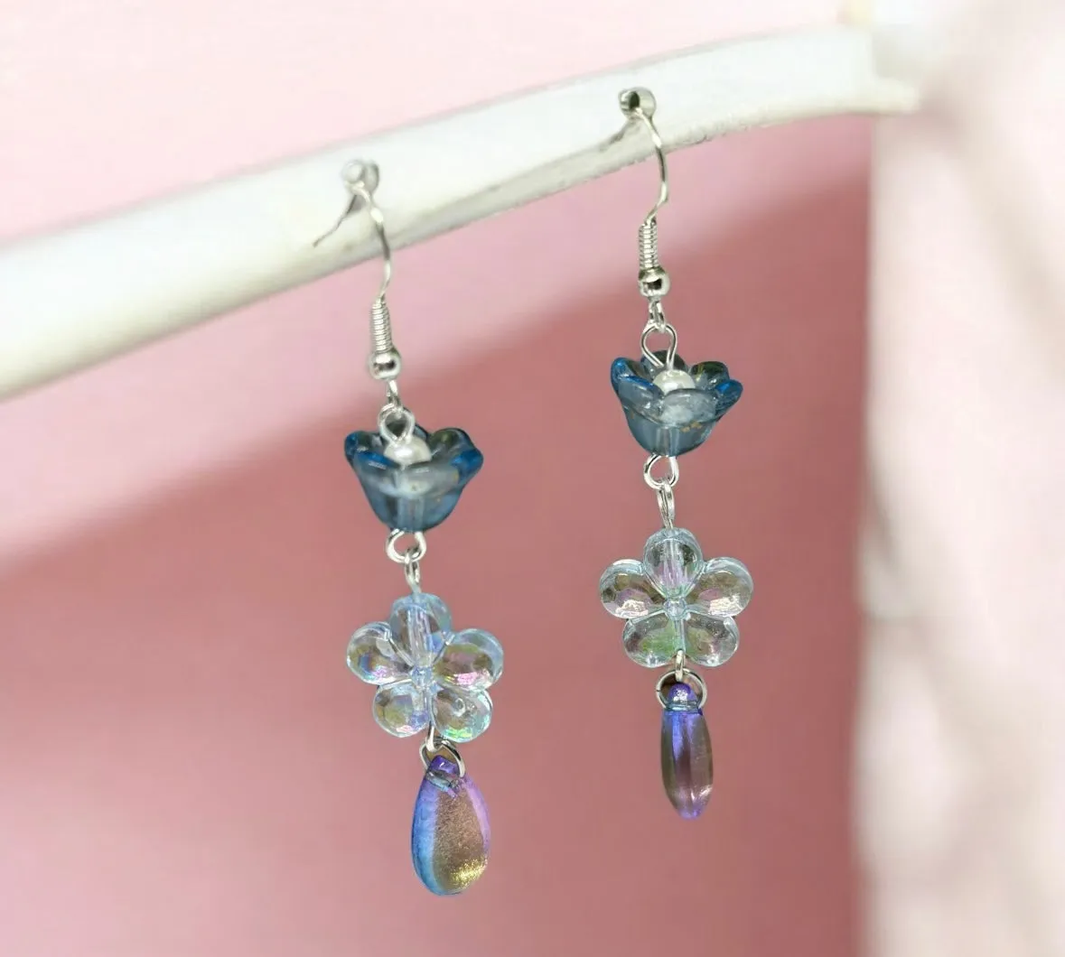 Whimsical - Blue mini flower earrings | elegant floral dangle chain earrings