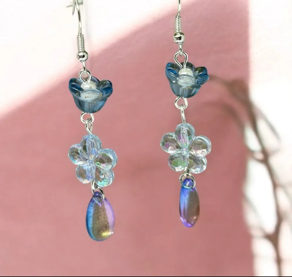 Whimsical - Blue mini flower earrings | elegant floral dangle chain earrings