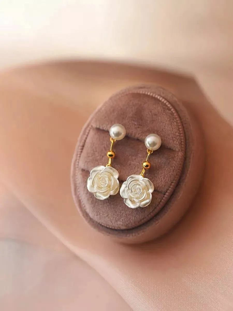 Women White Camellia Pearl Gold Dangle Drop Stud Earrings | Jewellery Love Gift UK