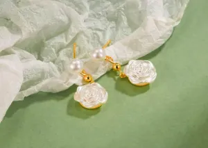 Women White Camellia Pearl Gold Dangle Drop Stud Earrings | Jewellery Love Gift UK