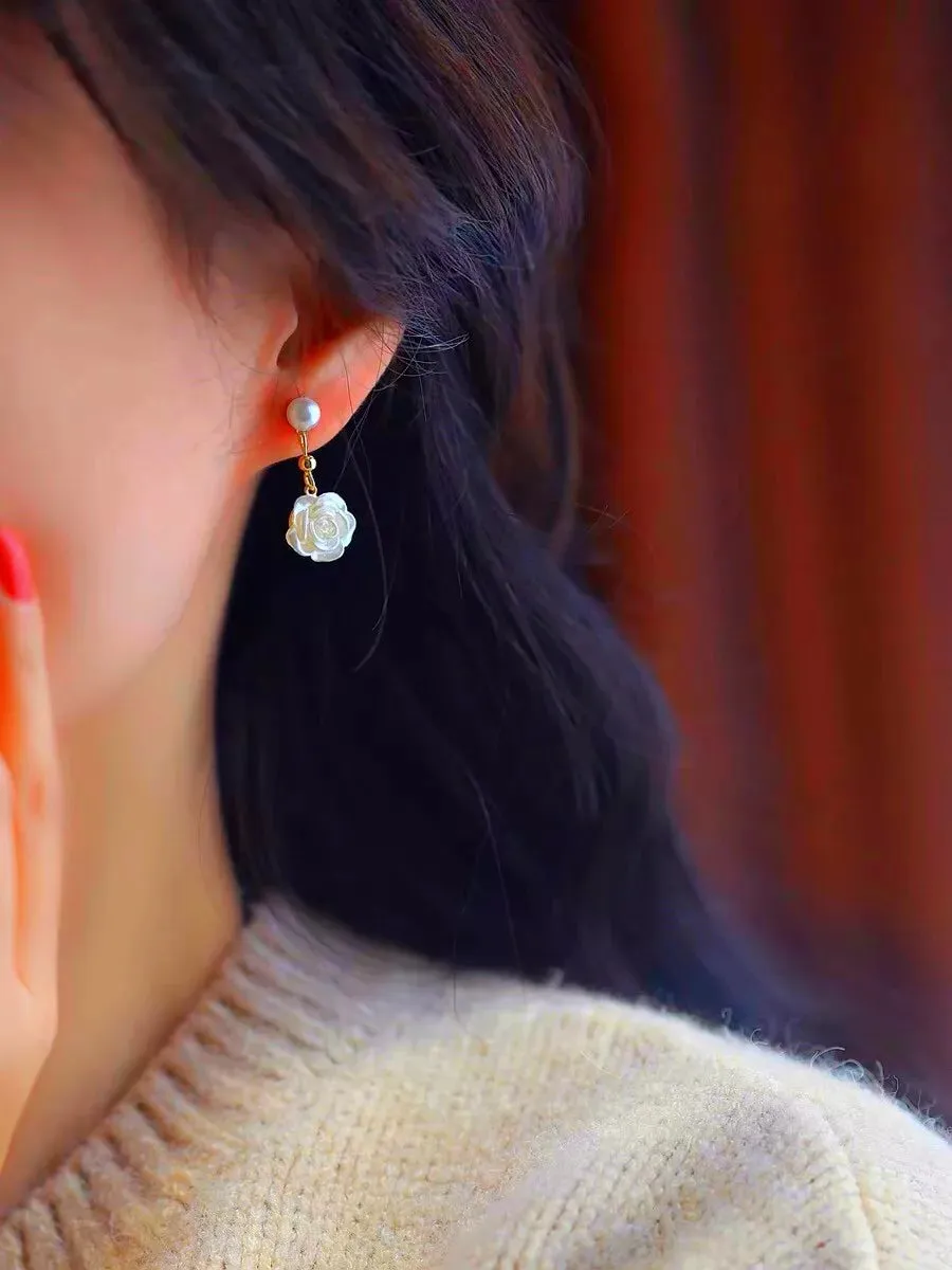 Women White Camellia Pearl Gold Dangle Drop Stud Earrings | Jewellery Love Gift UK