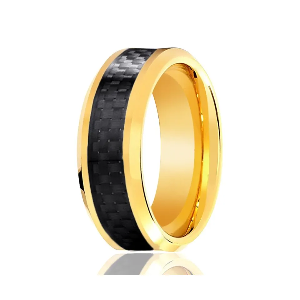 Yellow Gold High Polished Tungsten Ring with Black Carbon Fiber Inlay Beveled Edge
