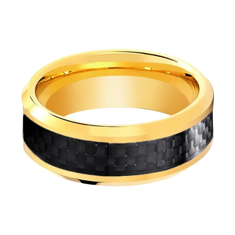 Yellow Gold High Polished Tungsten Ring with Black Carbon Fiber Inlay Beveled Edge