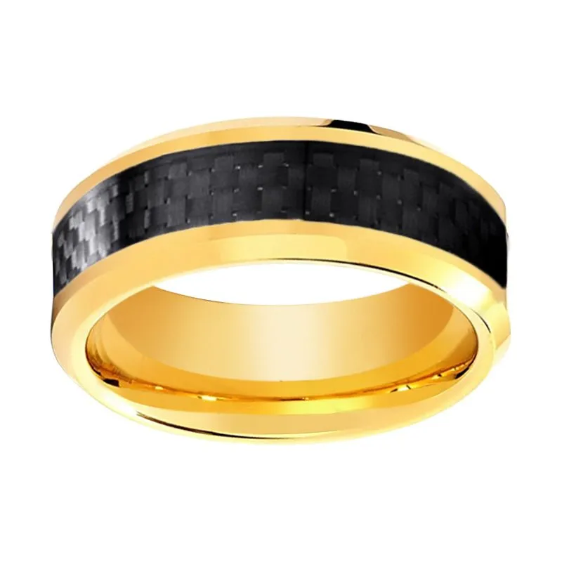 Yellow Gold High Polished Tungsten Ring with Black Carbon Fiber Inlay Beveled Edge